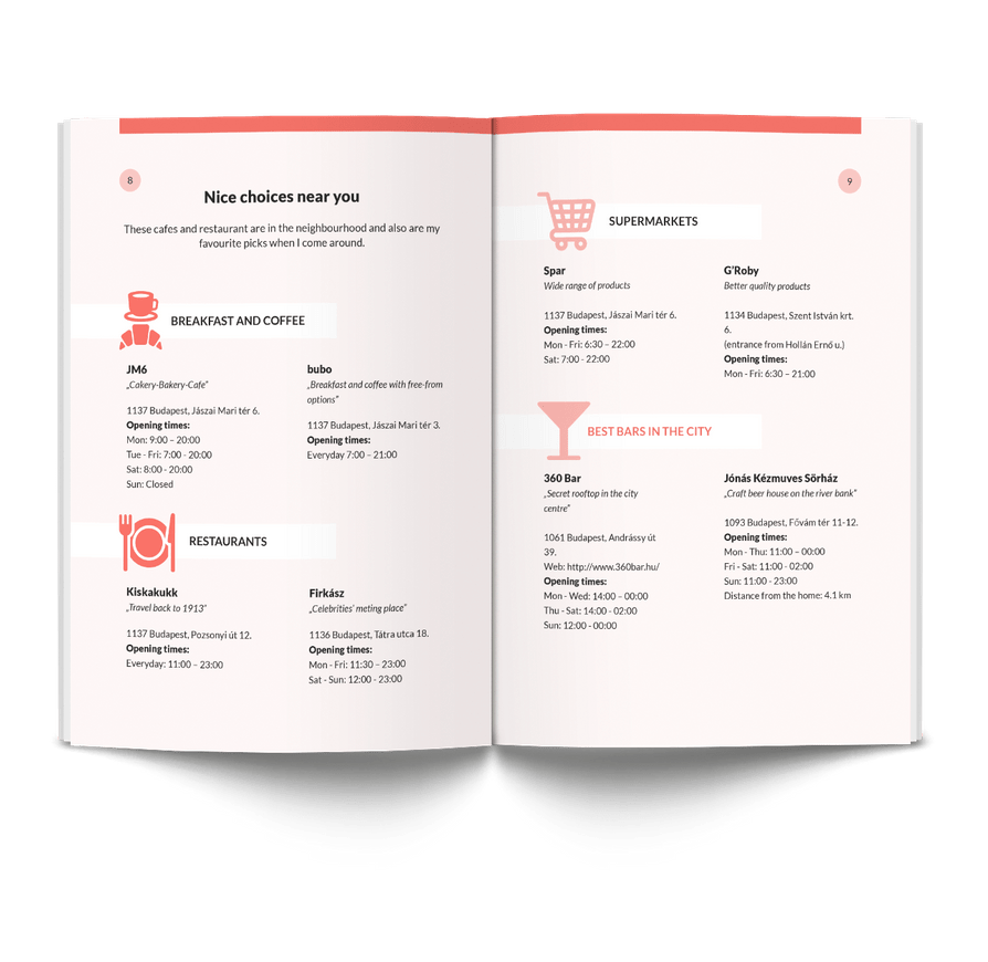 Seventh and eight inner page of an Informeasy house manual booklet in coral red colour. Those pages contain restaurant, supermarket and bar recommendations.