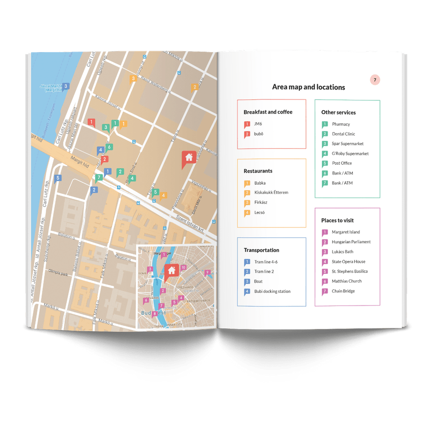 Fifth and sixth inner page of an Informeasy house manual booklet with a full page map of the area on one side and a list of nearby places on the other.