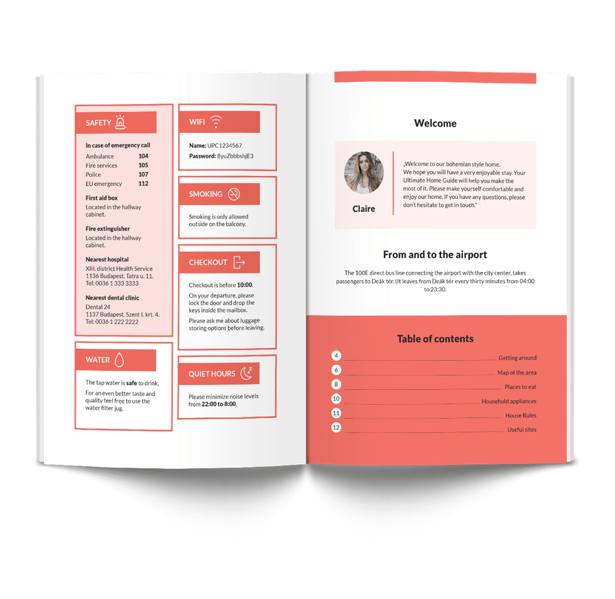 First and second inner page of an Informeasy house manual booklet in coral red colour. Those pages contain basic and safety information, a welcome message from the host, directions and a table of contents.